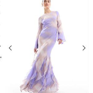 ASOS DESIGN Long Sleeve Bias Chiffon Maxi Dress With Ruffles in Blue Abstract